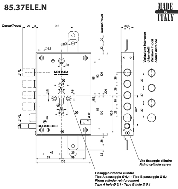 Mottura 85, ηλεκτρική κλειδαριά ασφαλείας με ενσωματωμένο κυπρί και μηχανισμό μπλοκαρίσματος 